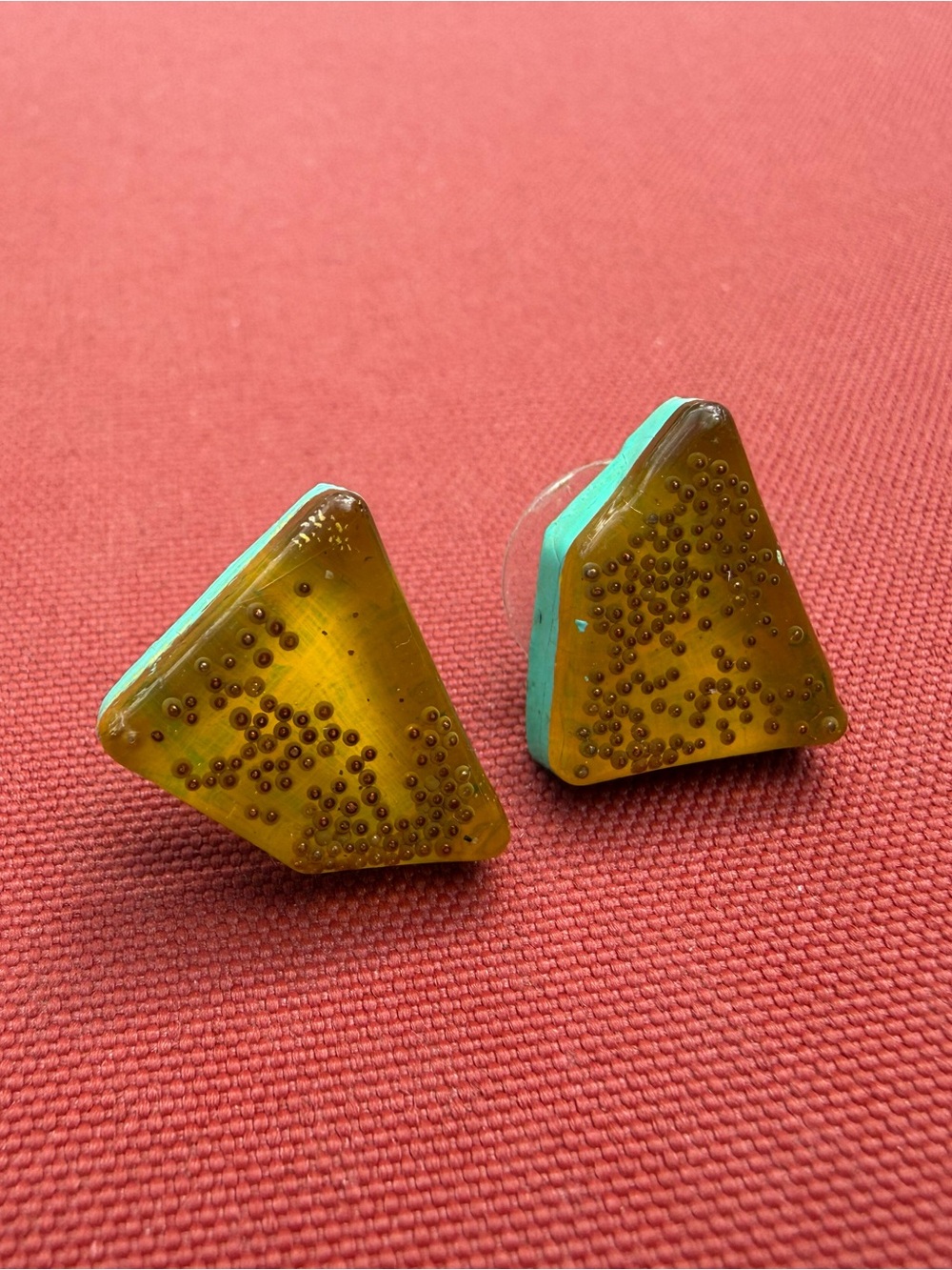 Handmade Triangular Resin Earrings in Mustard Yellow and Teal